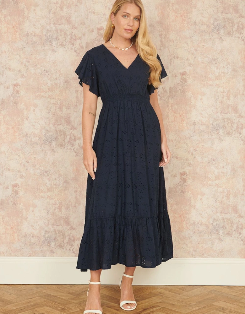 Navy Cotton Broderie Anglaise Wrap Midi Dress