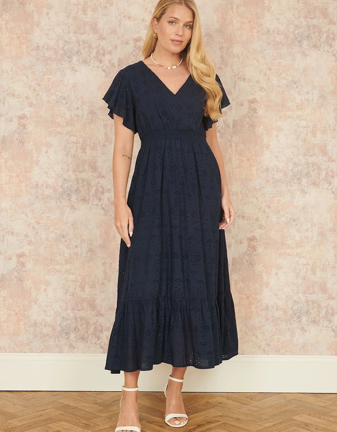 Navy Cotton Broderie Anglaise Wrap Midi Dress, 2 of 1