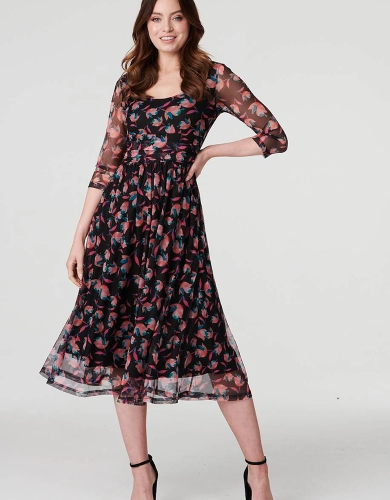 Floral Semi Sheer Ruched Midi Dress