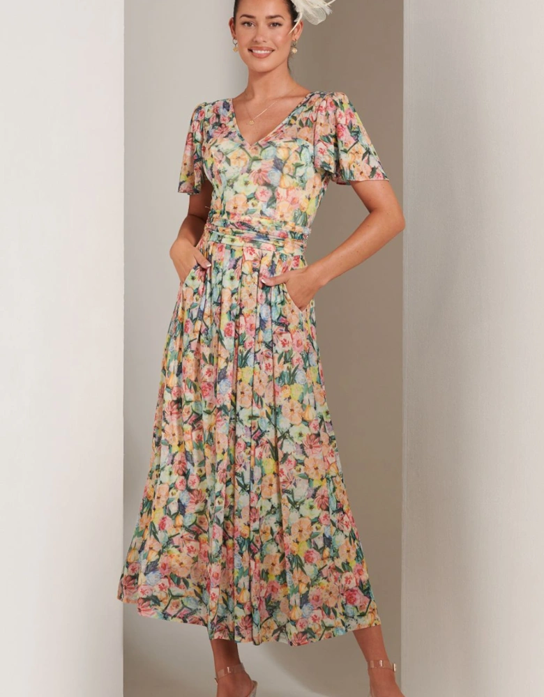 Bianca V-Neck Pleated Mesh Maxi Dress