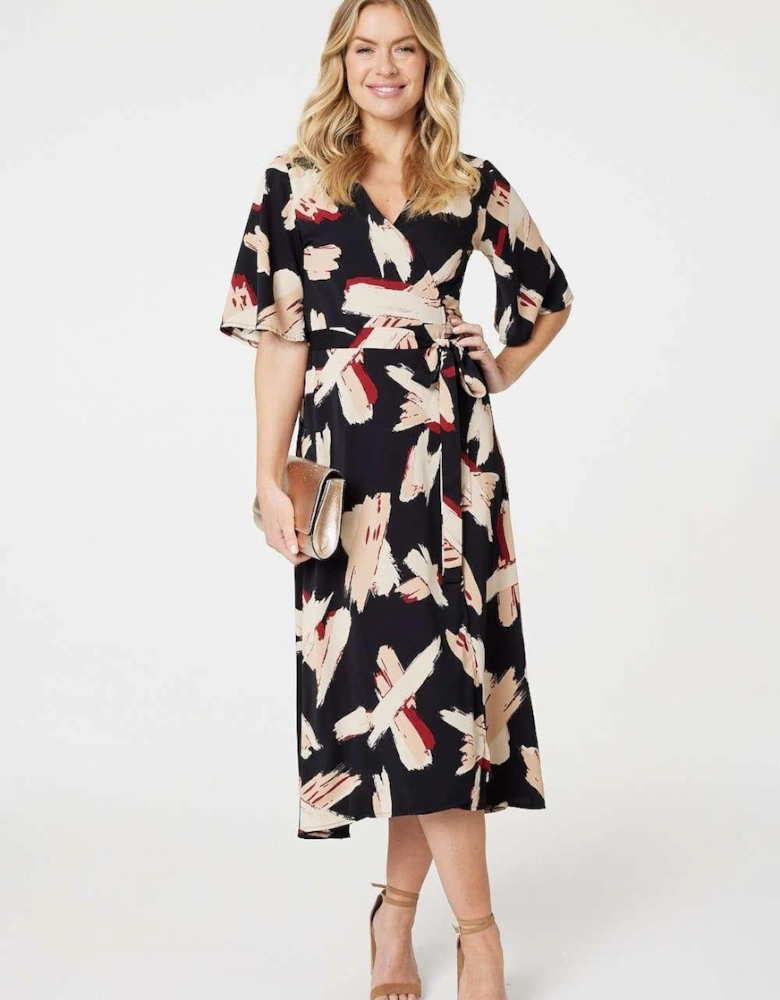 Printed 1/2 Sleeve Midi Wrap Dress