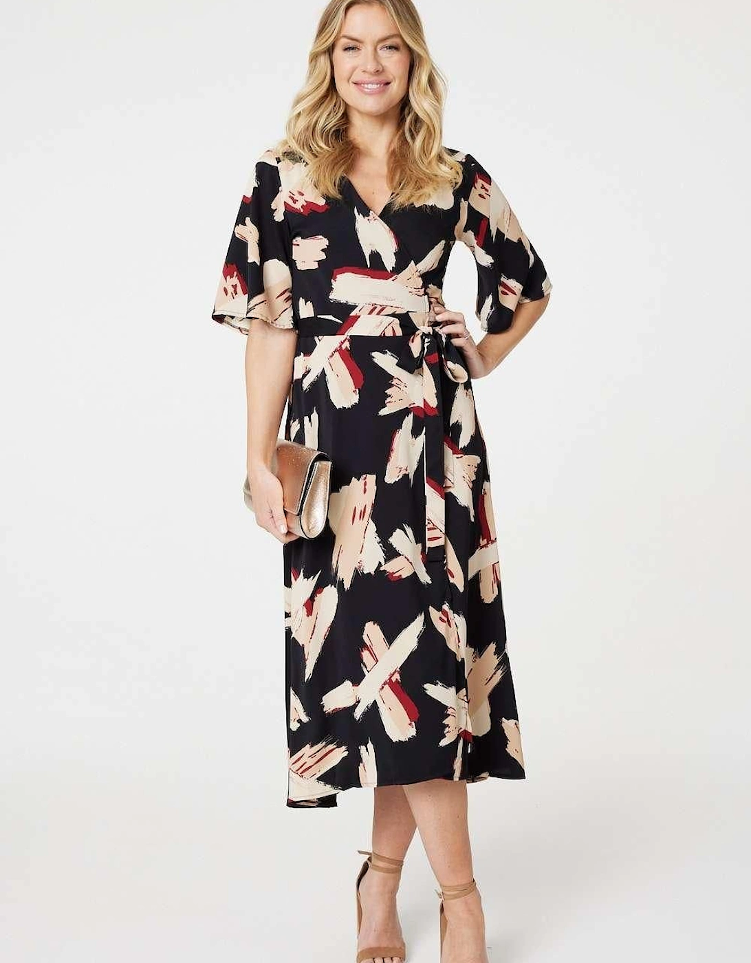 Printed 1/2 Sleeve Midi Wrap Dress, 2 of 1