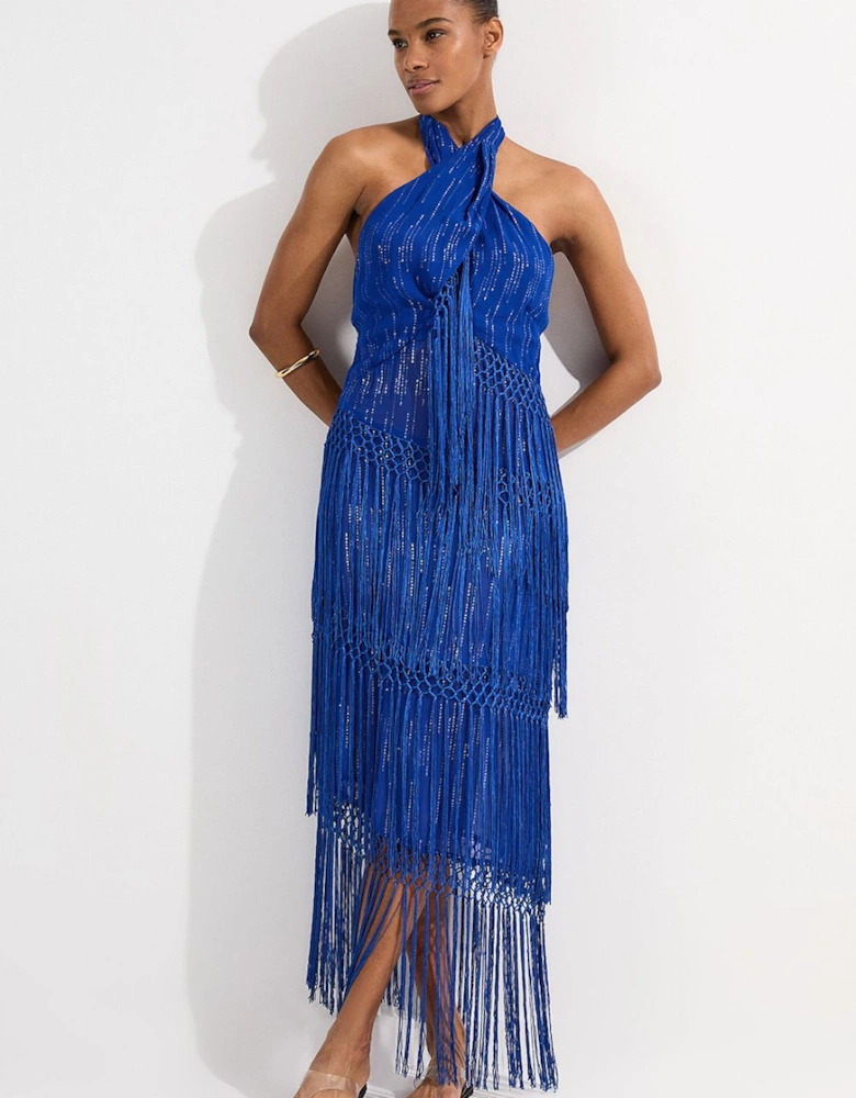 Petite Beach Fringe Halter Neck Woven Dress