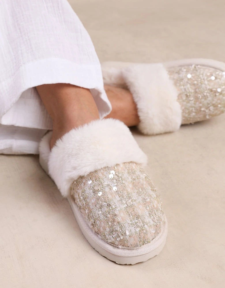 'Snuggle' Slip On Sequin Slippers With Fur Trim