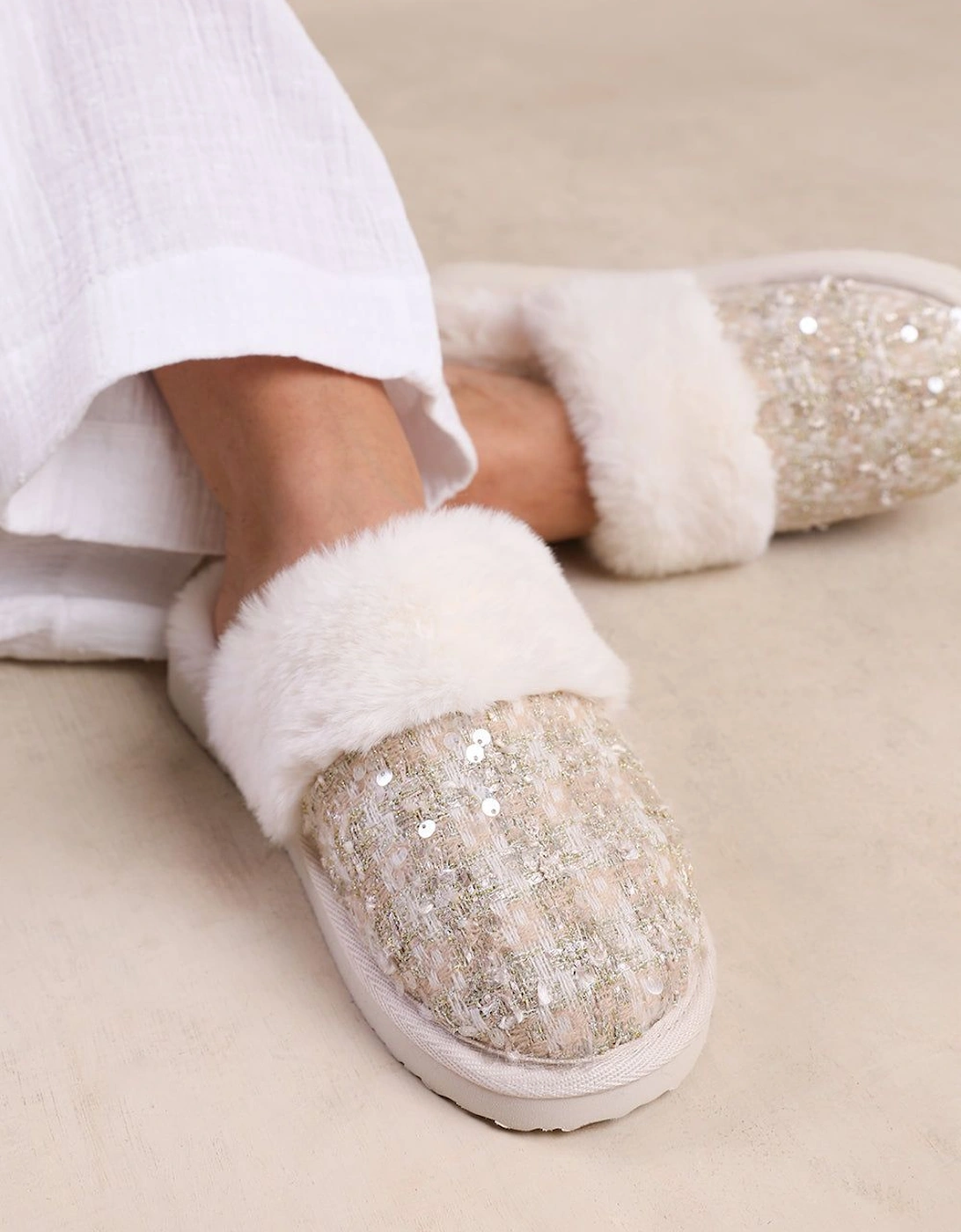 'Snuggle' Slip On Sequin Slippers With Fur Trim, 2 of 1