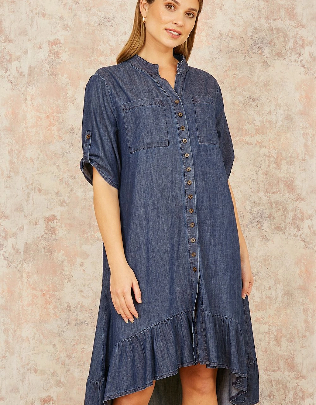 Blue Chambray Denim Dip Hem Relaxed Fit Shirt Dress, 2 of 1