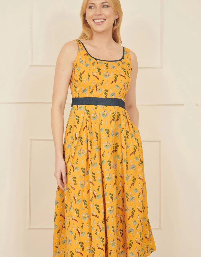 Mustard Floral Skater Dress With Denim Trims