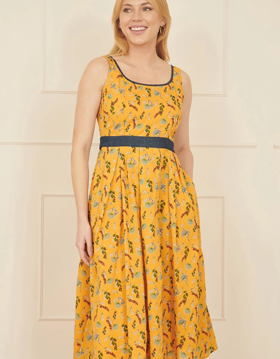 Mustard Floral Skater Dress With Denim Trims, 2 of 1