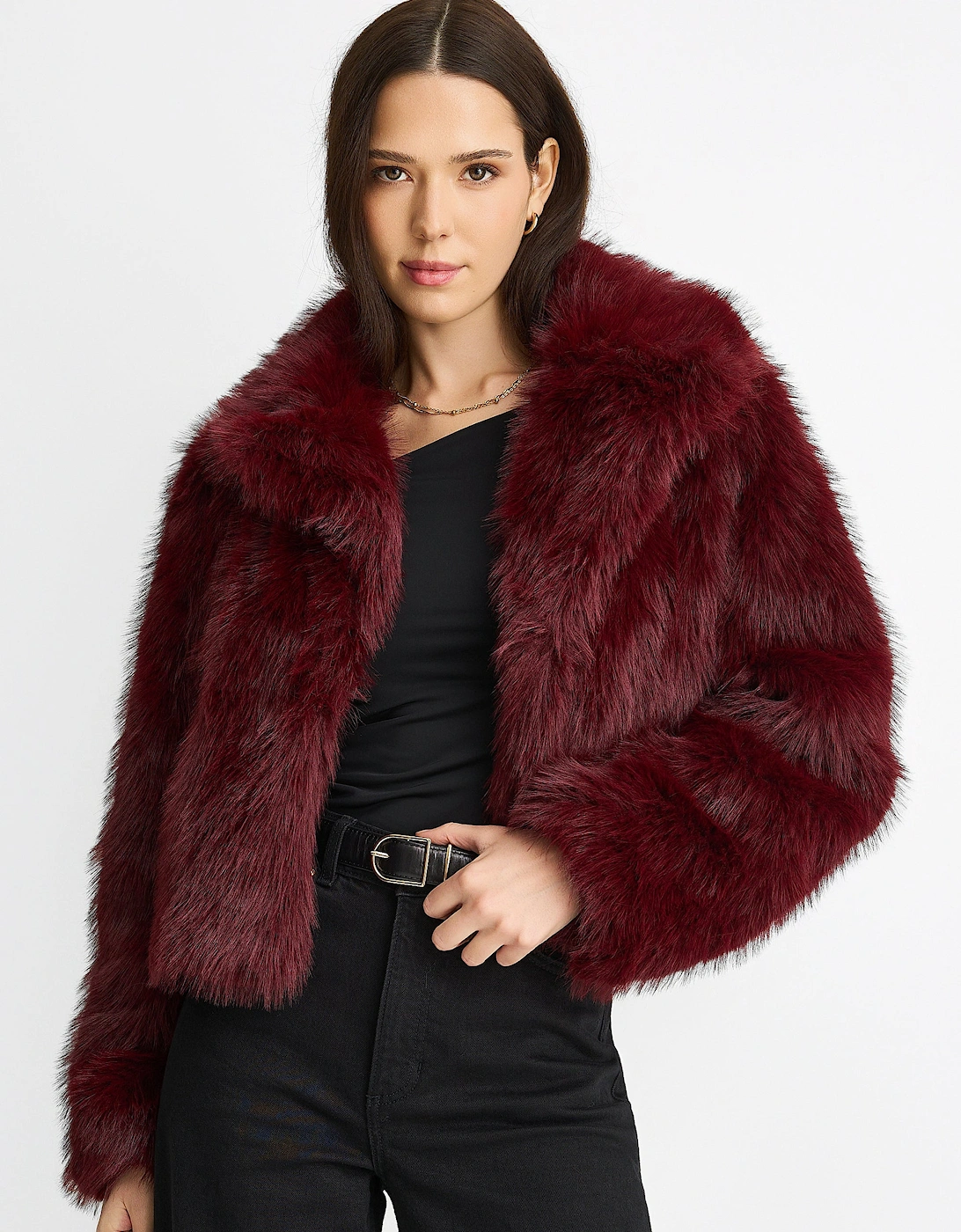 Burgundy Faux fur lapel Short jacket, 5 of 4
