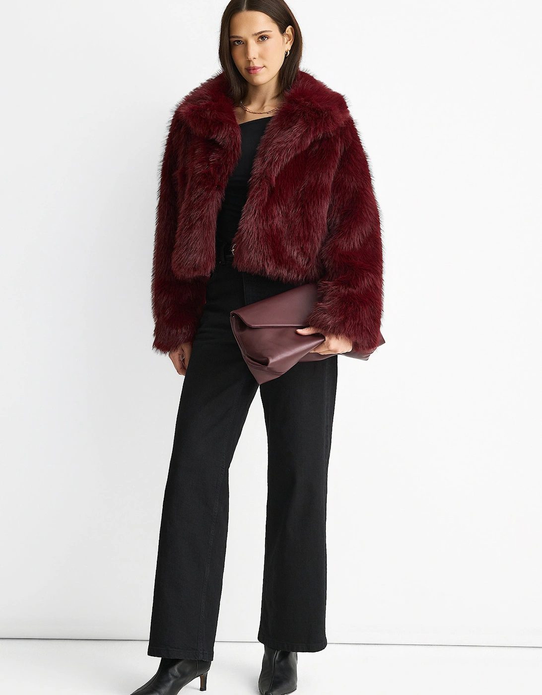 Burgundy Faux fur lapel Short jacket