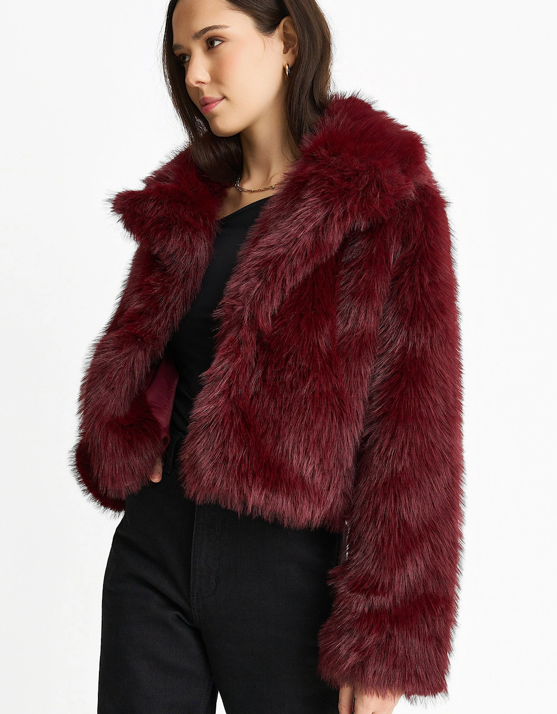 Burgundy Faux fur lapel Short jacket