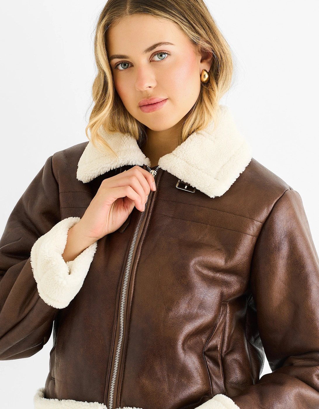 Brown Faux Leather Shearling Fur Aviator Jacket, 5 of 4