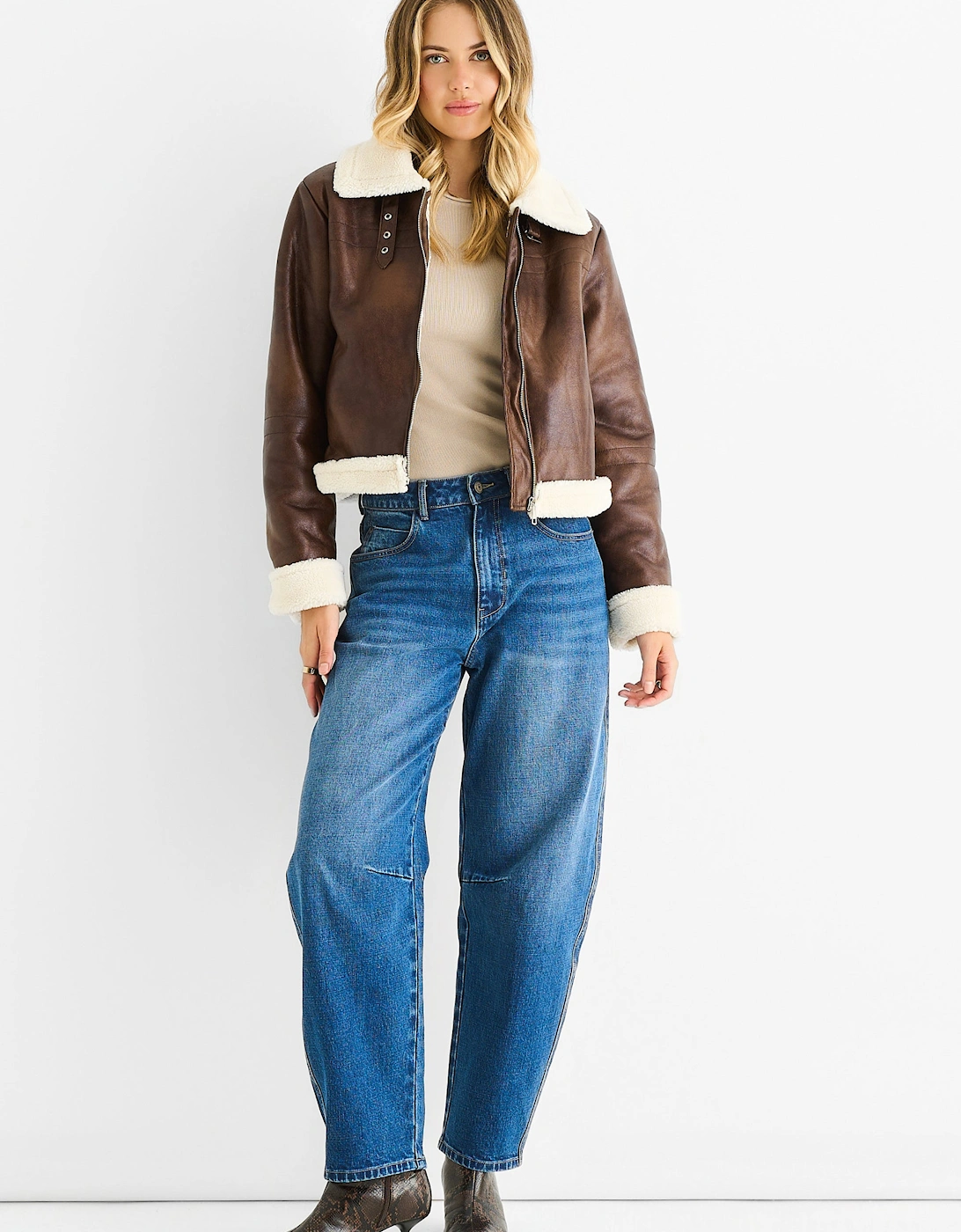 Brown Faux Leather Shearling Fur Aviator Jacket