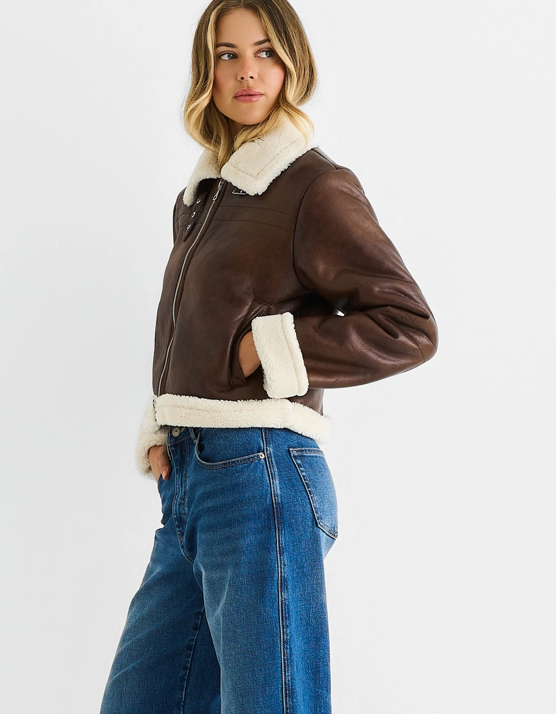 Brown Faux Leather Shearling Fur Aviator Jacket