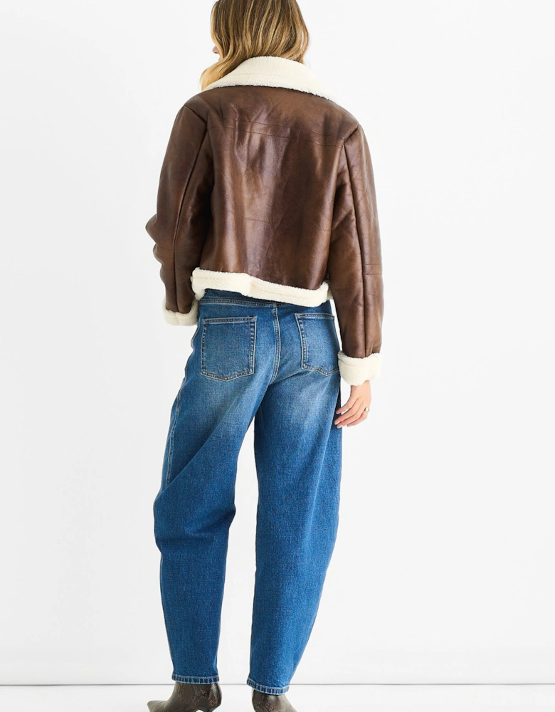 Brown Faux Leather Shearling Fur Aviator Jacket