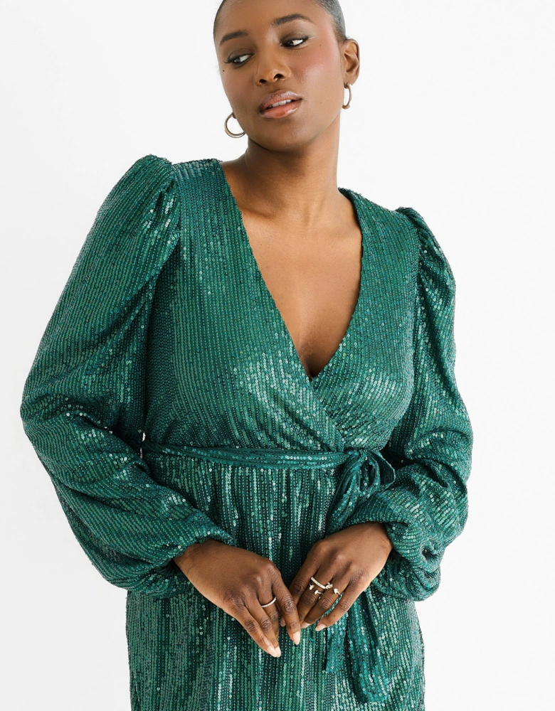 Bottle Green Sequin V Neck Belted Mini Dress