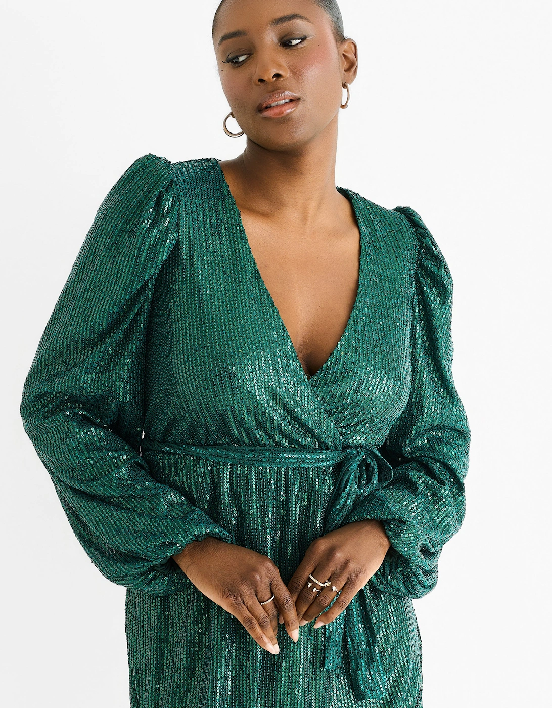 Gini London Women's Bottle Green Sequin V Neck Belted Mini Dress - Size: 10