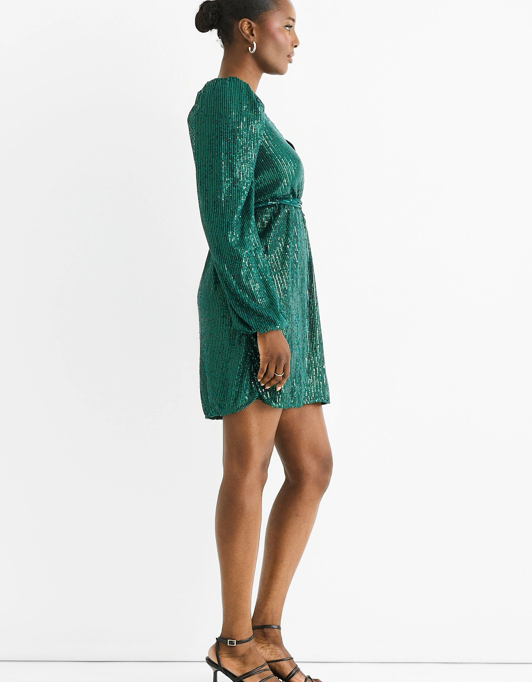 Bottle Green Sequin V Neck Belted Mini Dress