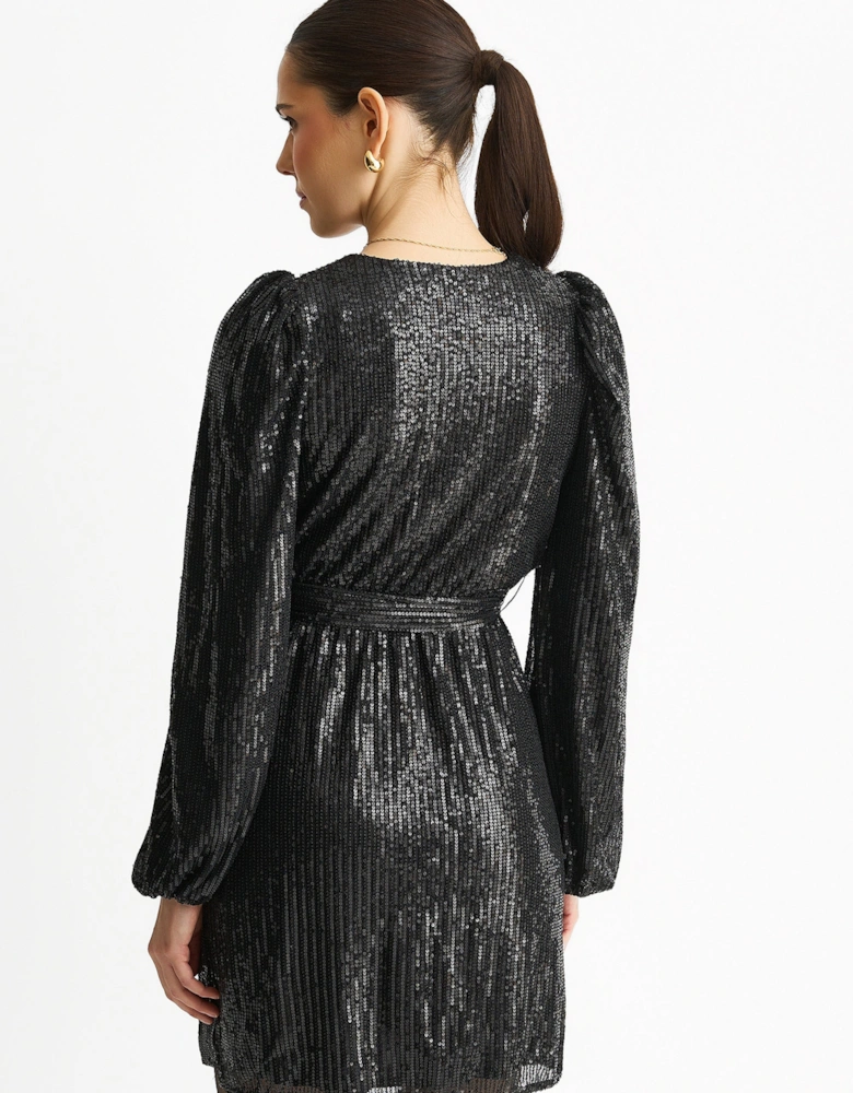 Black Sequin V Neck Belted Mini Dress