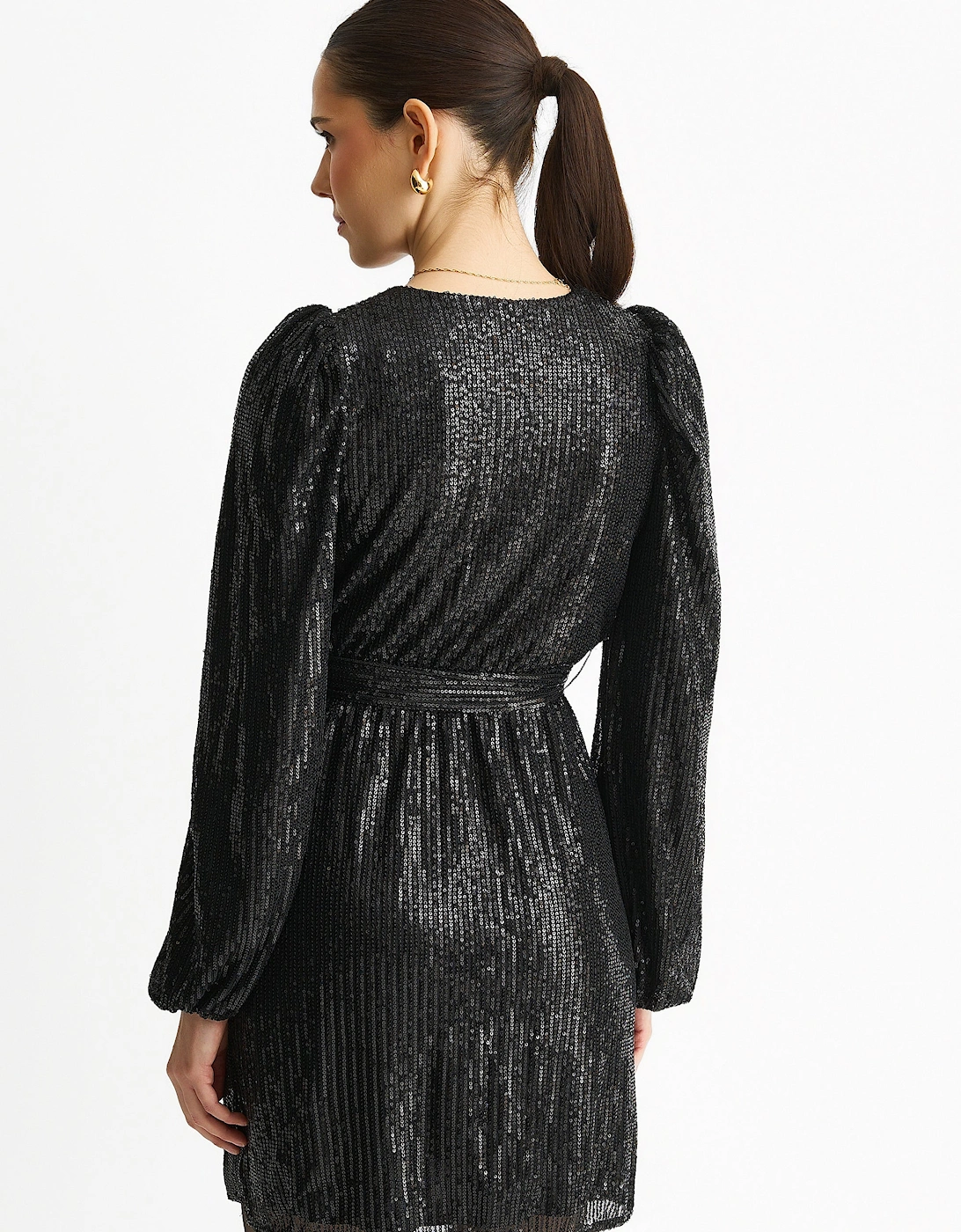 Black Sequin V Neck Belted Mini Dress