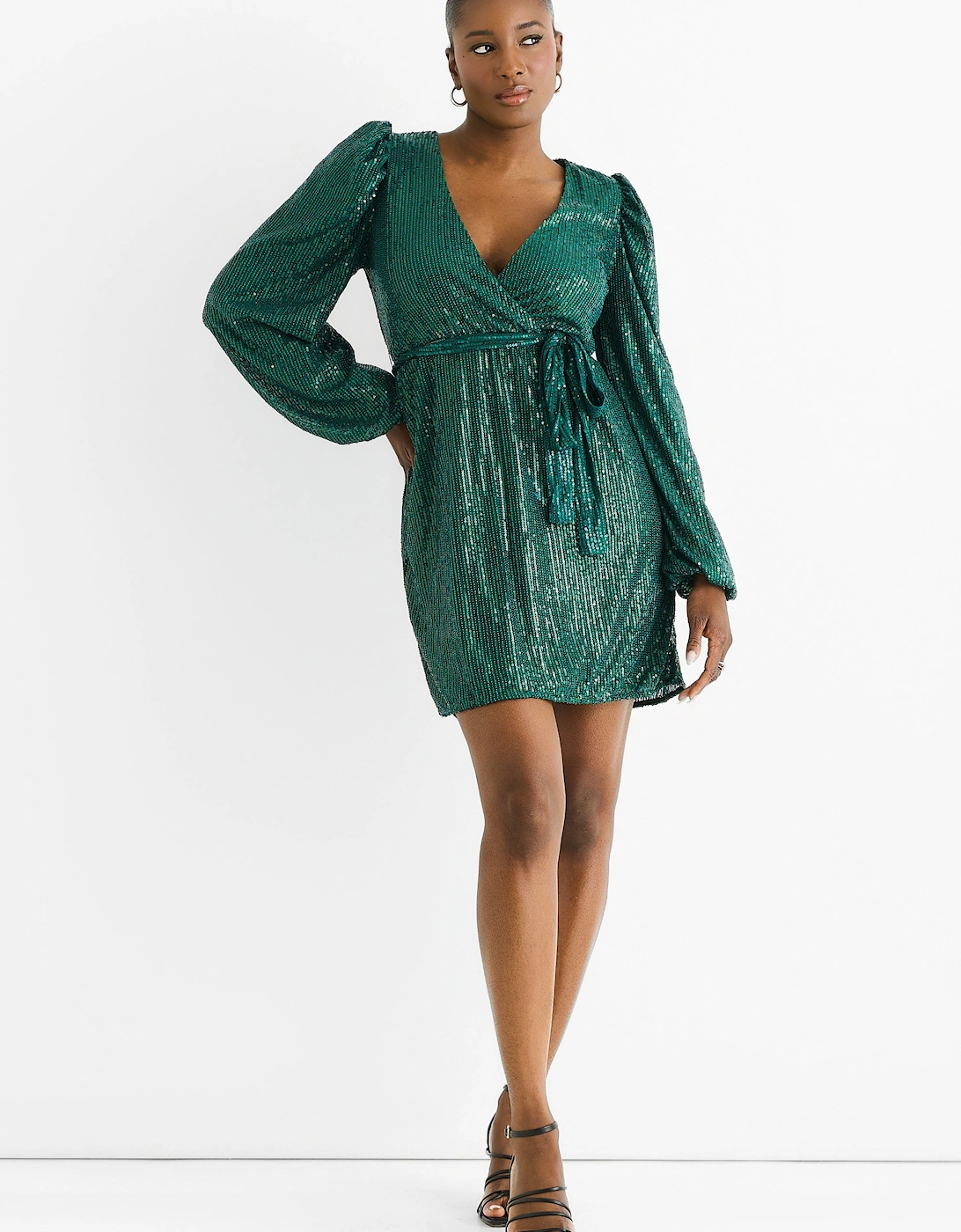 Bottle Green Sequin V Neck Belted Mini Dress