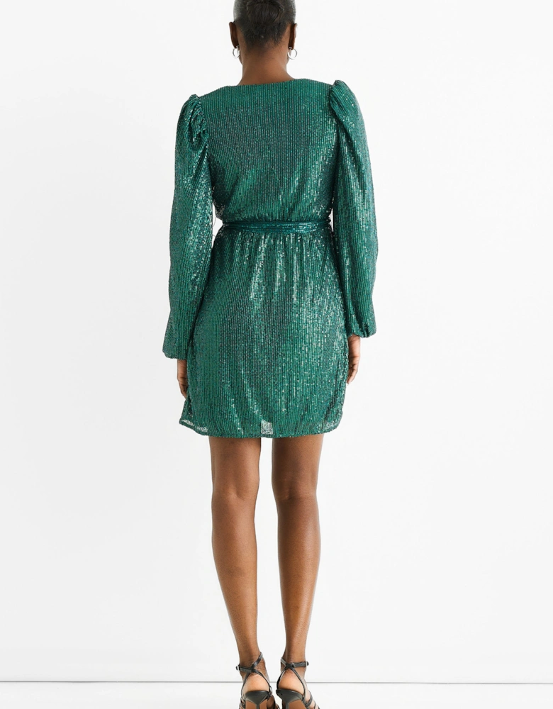 Bottle Green Sequin V Neck Belted Mini Dress