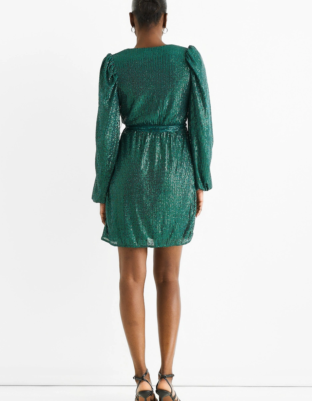 Bottle Green Sequin V Neck Belted Mini Dress