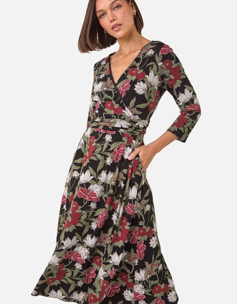 Floral Print Wrap Front Midi Dress