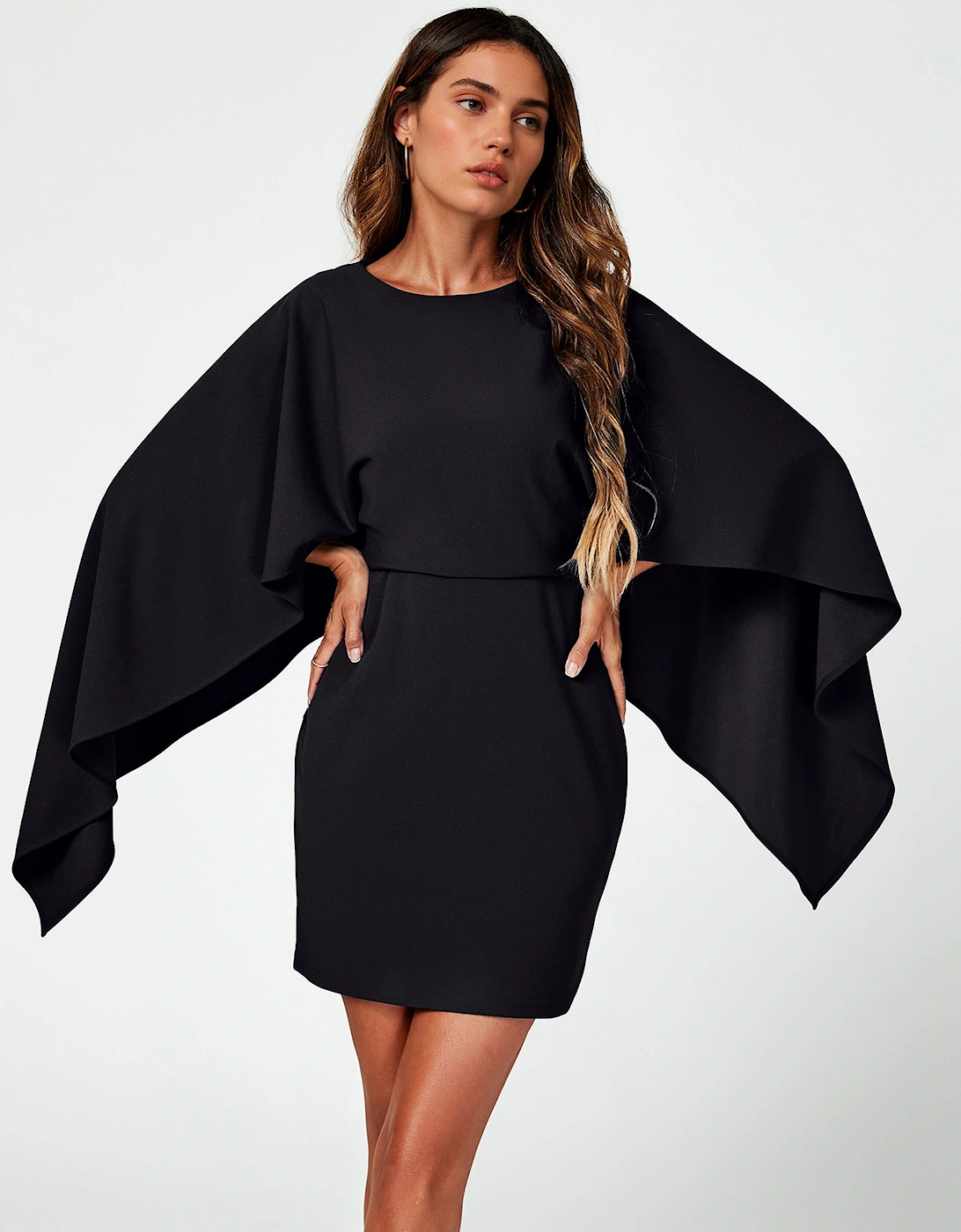 Back Detail Jersey Mini Dress With Cape In Black, 2 of 1