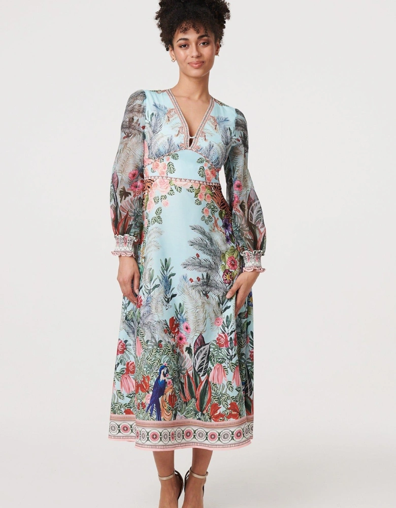Tropical Print Empire Waist Midi Dress