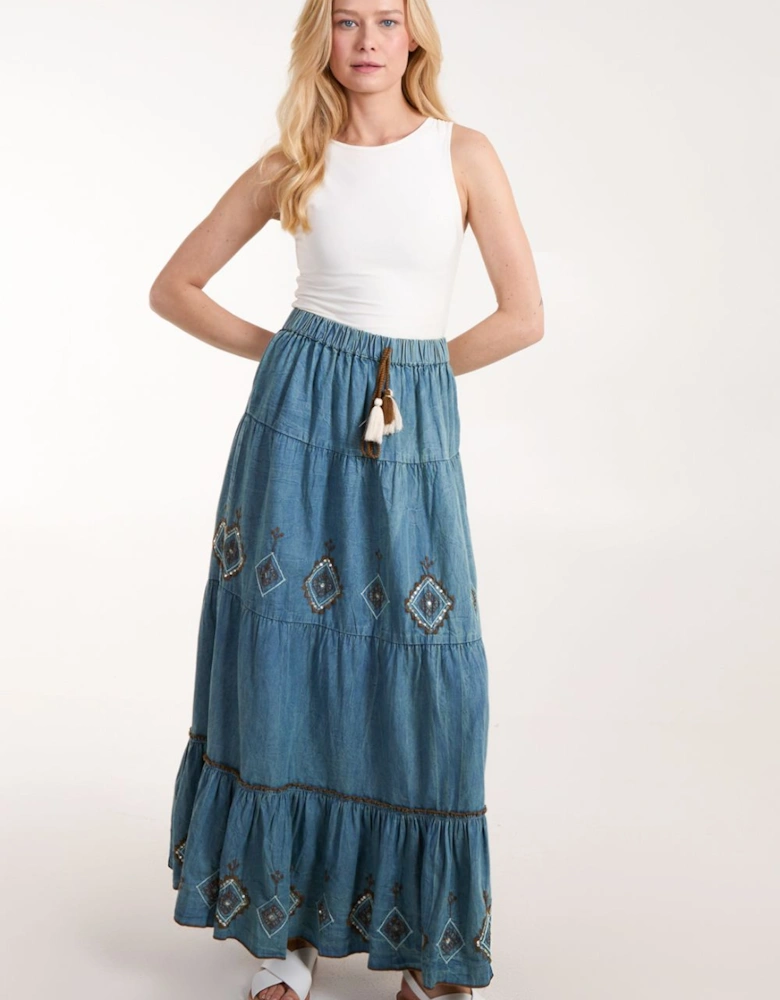 Denim Embroidered Tiered Skirt