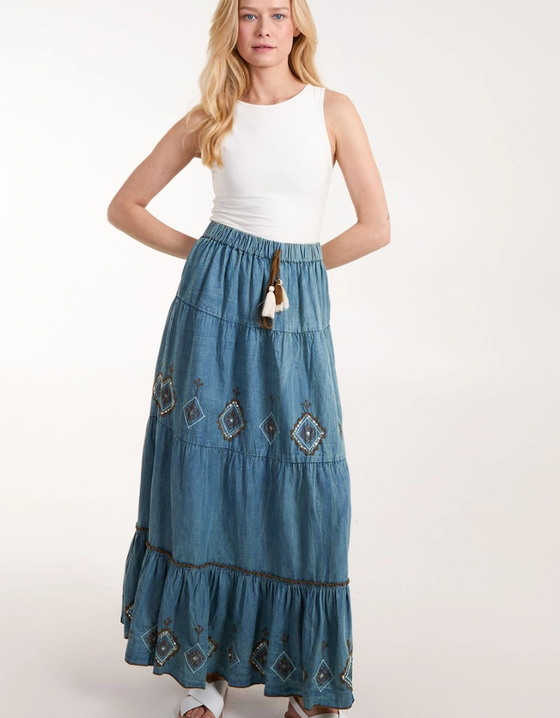 Denim Embroidered Tiered Skirt, 2 of 1