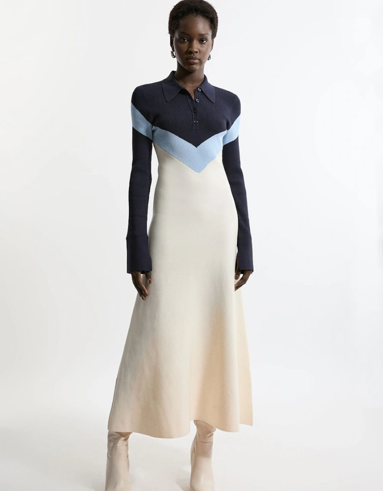 Viscose Blend Rib Knit Polo Top Maxi Dress