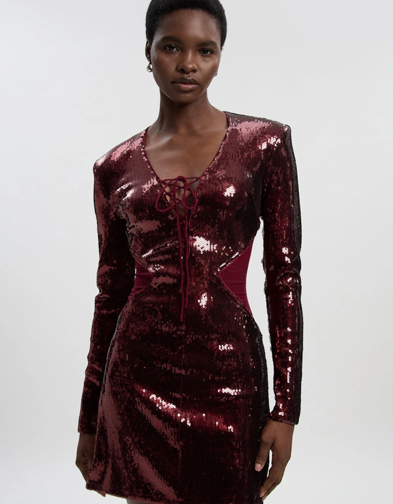 Sequin Power Mesh Lace Up Mini Dress