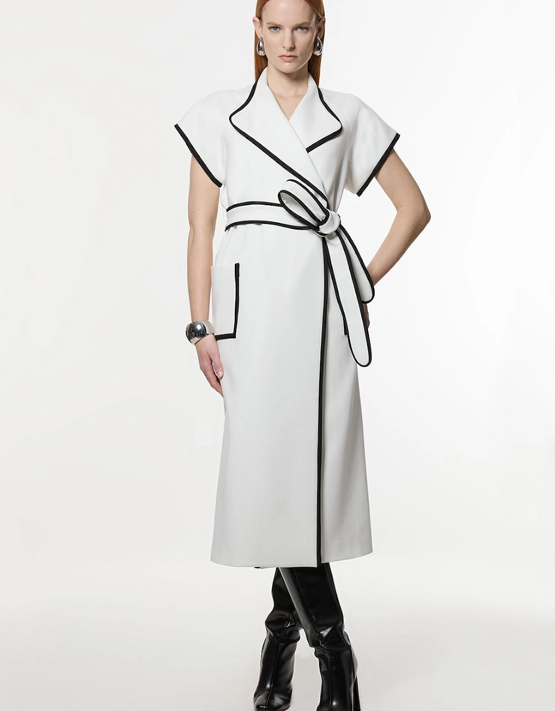 Compact Stretch Belted Tailored Tipped Midi Dress, 2 of 1