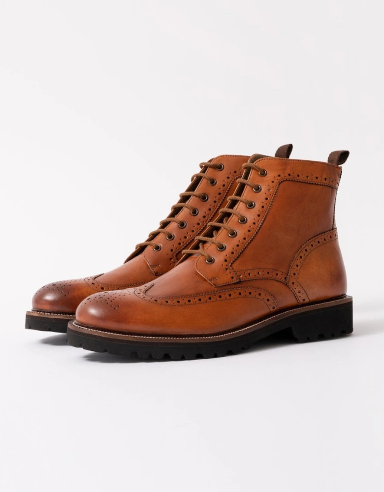 Milbrook Mens Antiqued Leather Brogue Boots - Tan