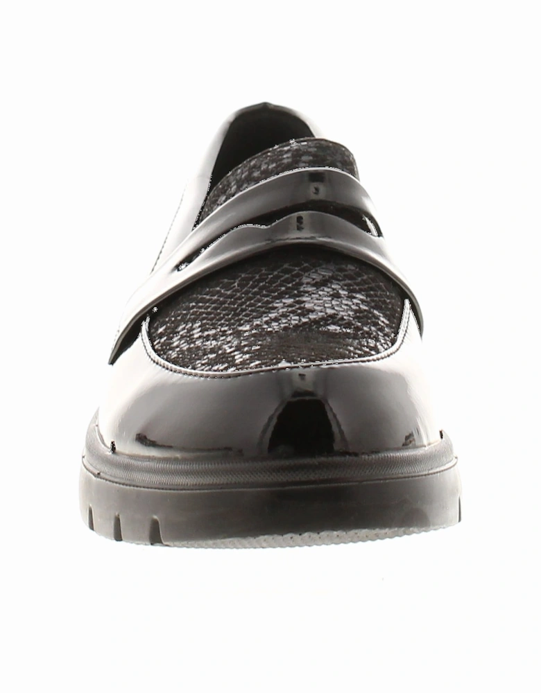 Womens Loafer Shoes Work School Slant Slip On black patent UK Size