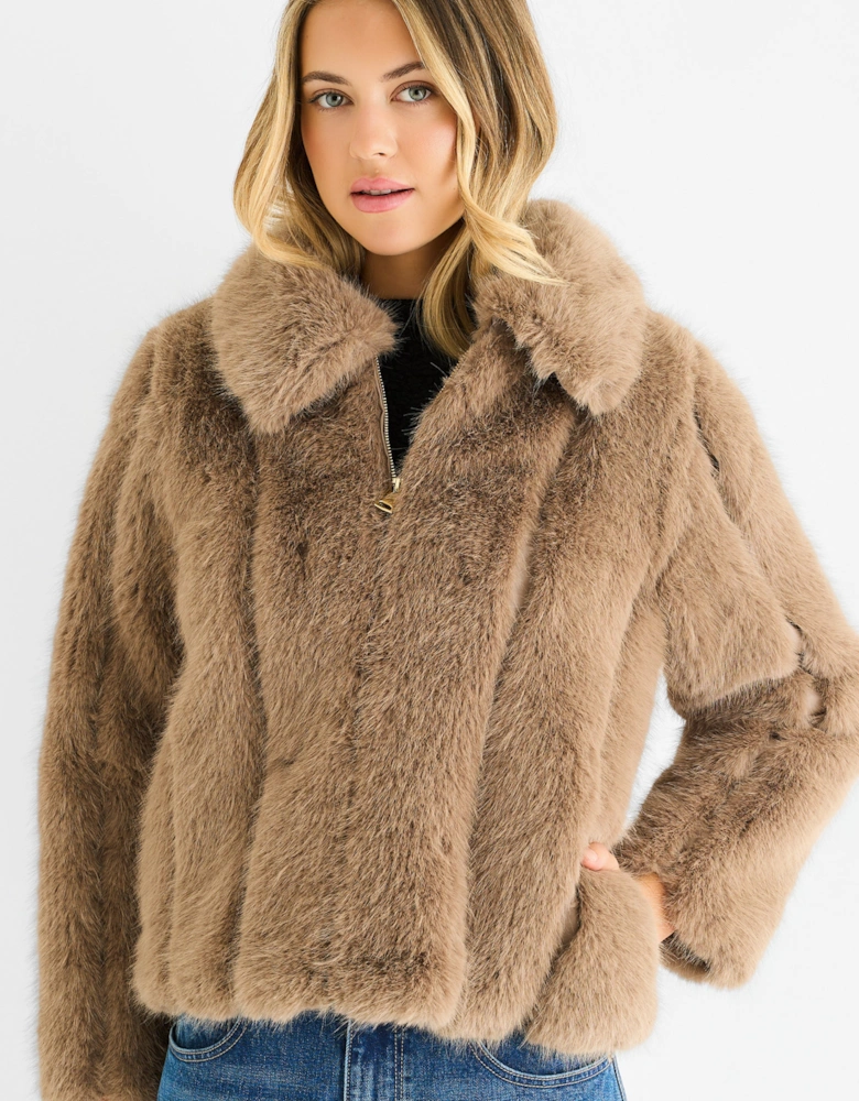 Stone Zip Front Faux Fur Short Jacket