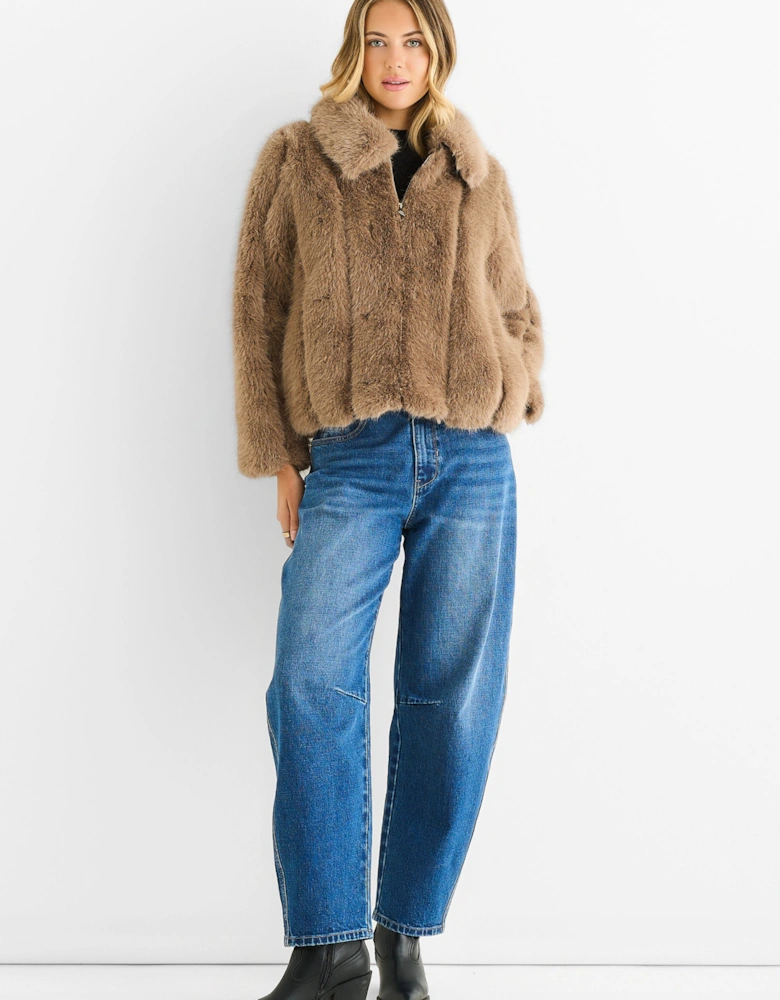 Stone Zip Front Faux Fur Short Jacket