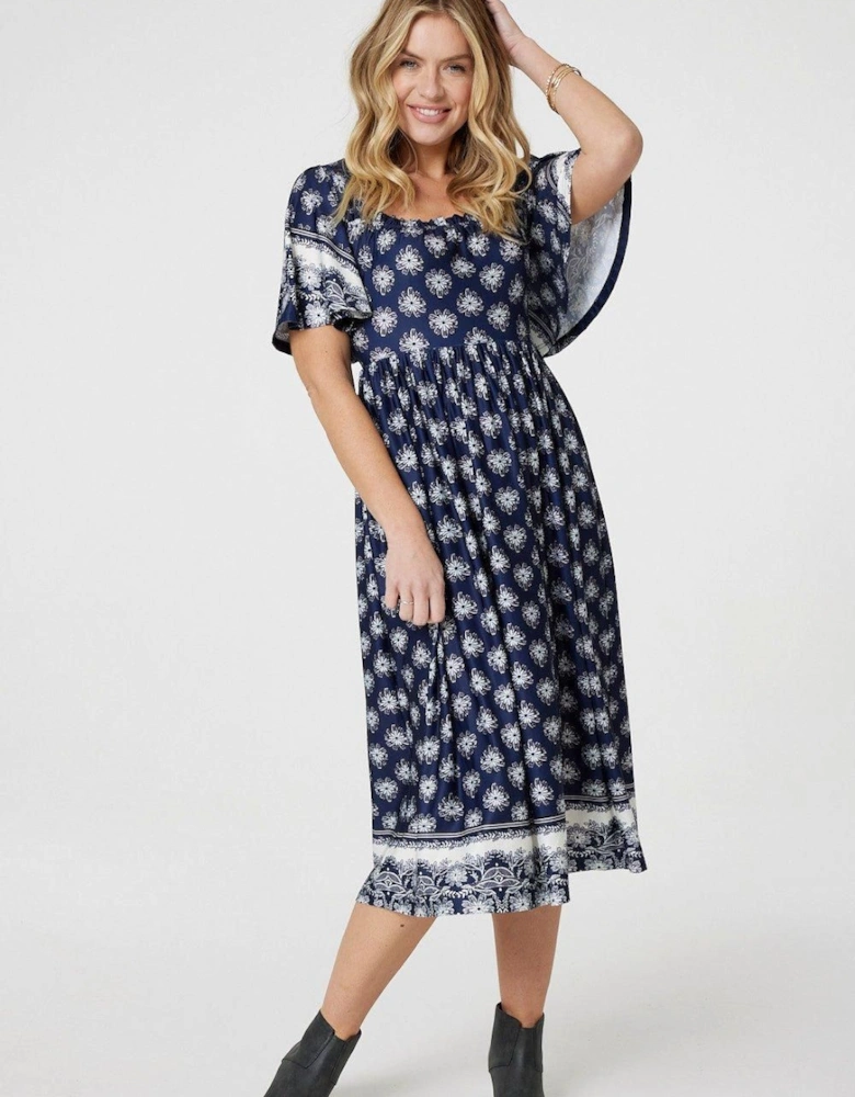 Printed 1/2 Batwing Sleeve Midi Dress