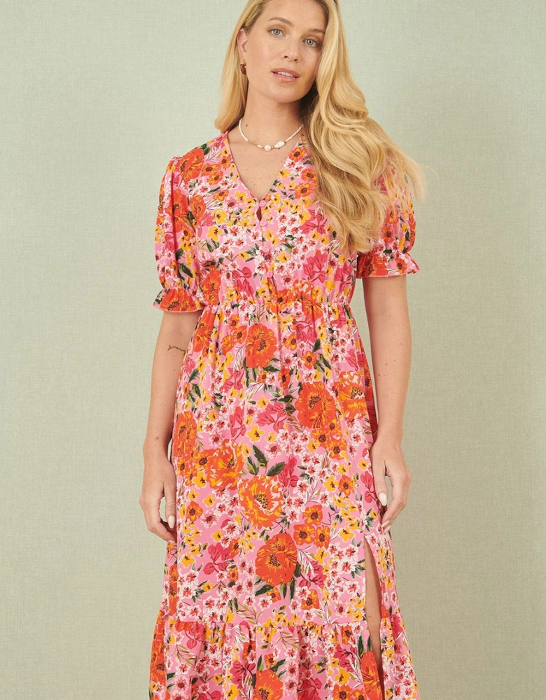 Pink Floral Midi Dress With Frill Hem and Puff Sleeves