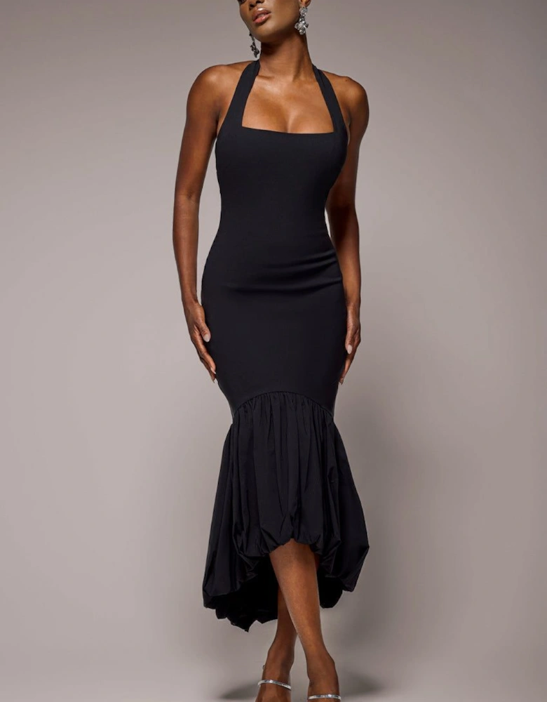Halter Neck Puff Hem Mermaid Midaxi Dress