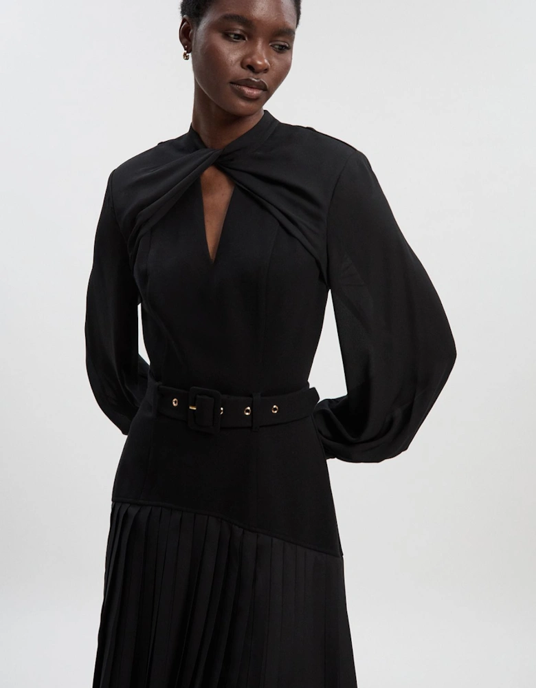 Ponte And Georgette Mix Balloon Sleeve Cut Out Detail Pleated Maxi Dress