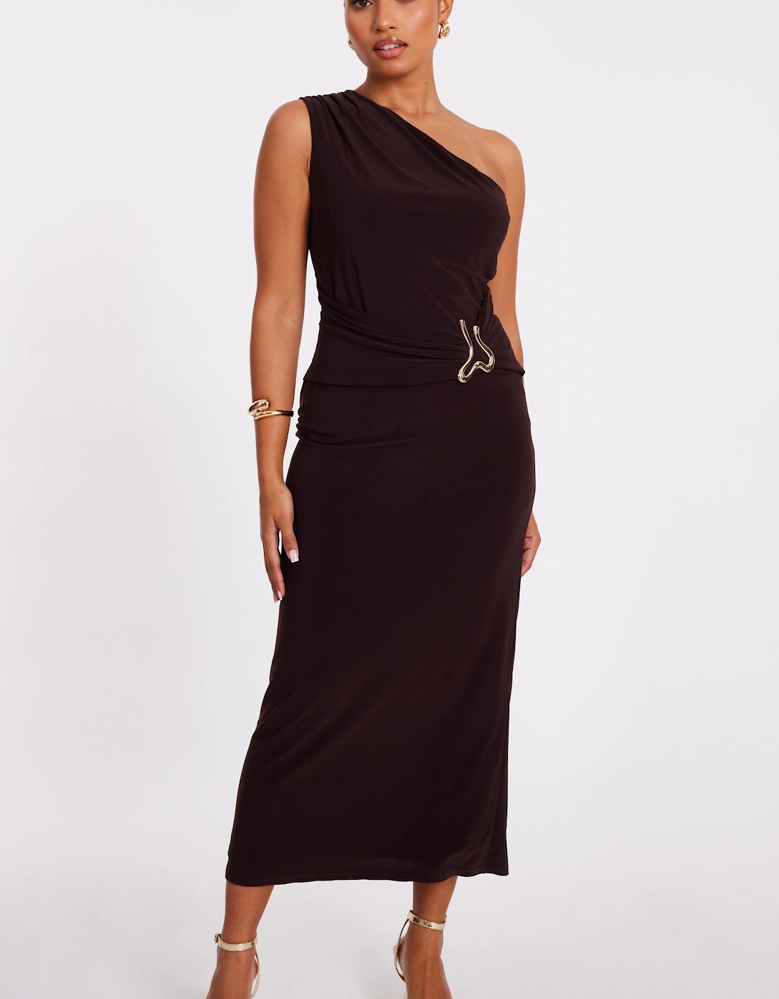 Brown Petite One Shoulder Ruched Dress, 2 of 1