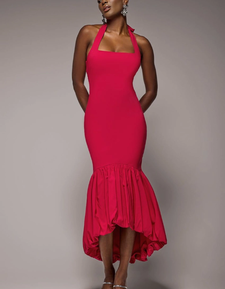 Halter Neck Puff Hem Mermaid Midaxi Dress
