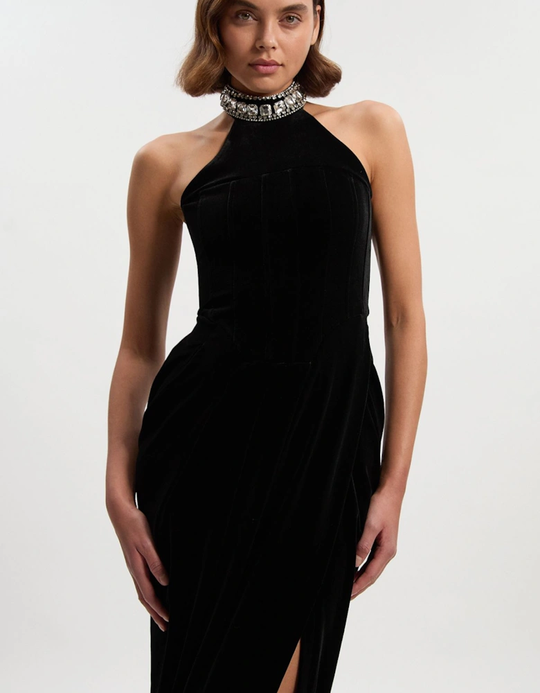 Petite Tailored Velvet Halter Embellished Neck Midi Dress