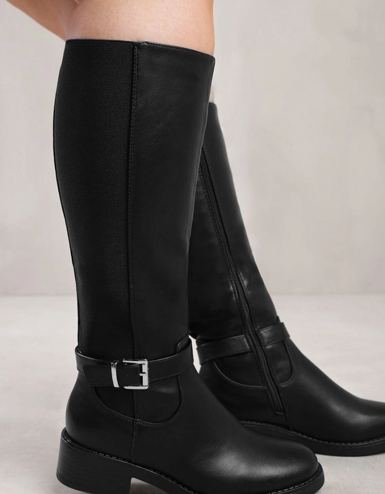 'Bode' Stretch Wide Calf Knee High Boots With Buckle Detail