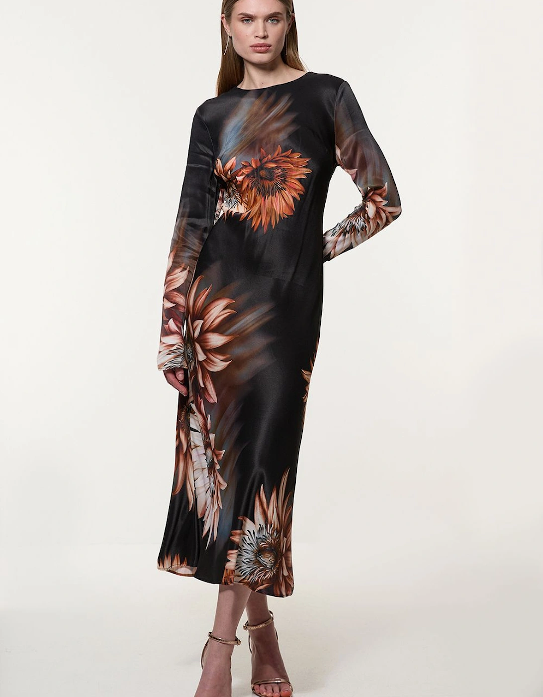 Viscose Satin Long Sleeve Bias Cut Woven Midi Dress, 2 of 1