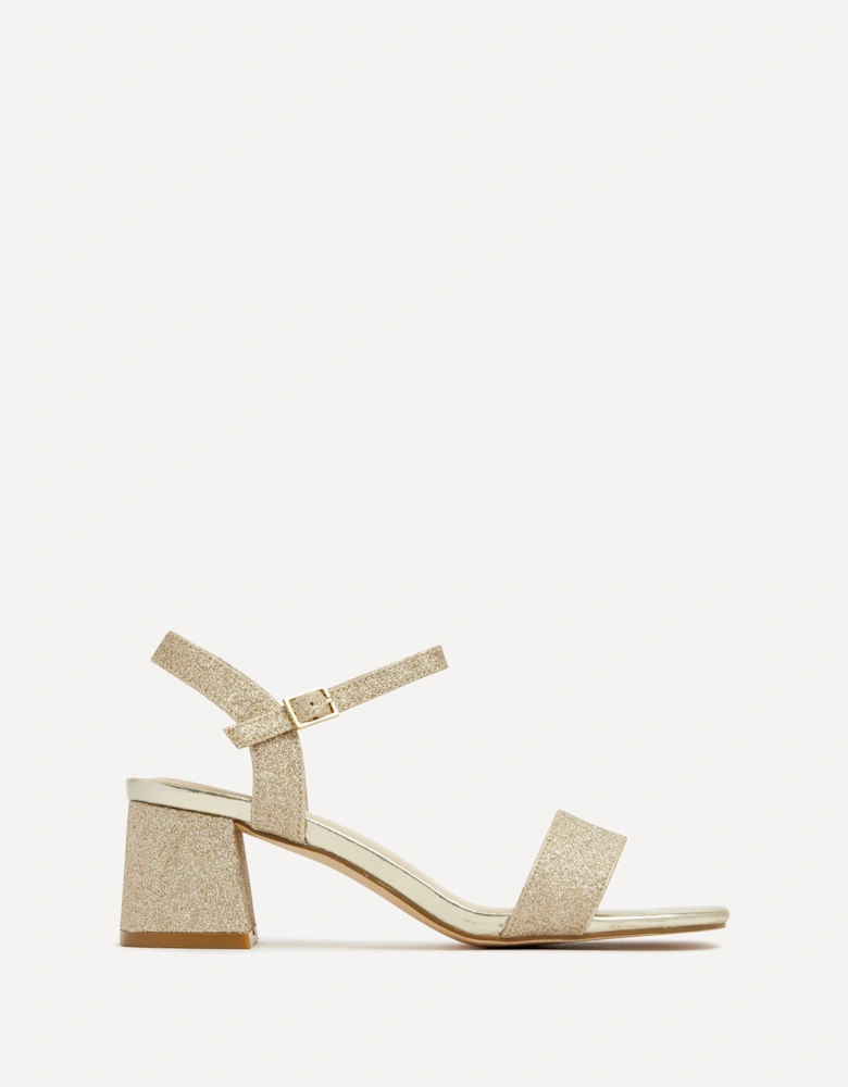 Darcie Gold Glitter Low Chunky Block Heeled Sandal