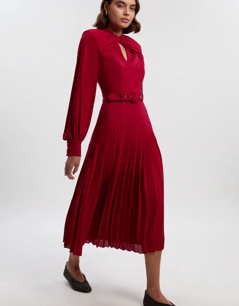 Ponte And Georgette Mix Balloon Sleeve Cut Out Detail Pleated Maxi Dress